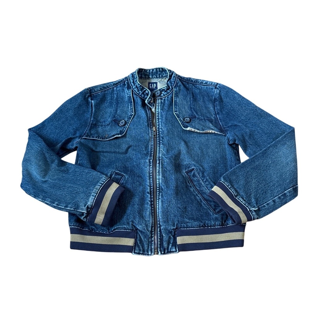 Gap Denim Bomber Jacket Kids Blue Striped Trim Varsity Mock Neck SIZE S